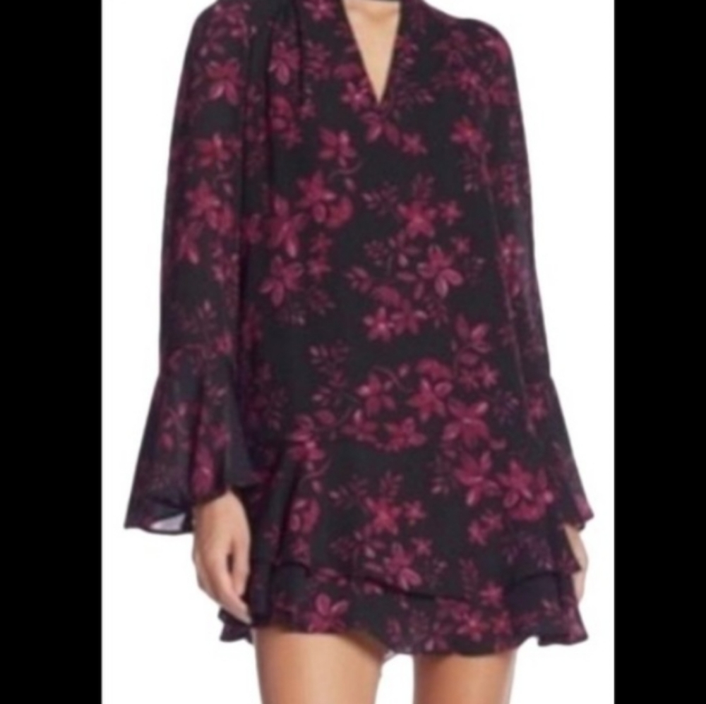 Parker black dark purple floral mock neck bell sleves - Picture 1 of 16